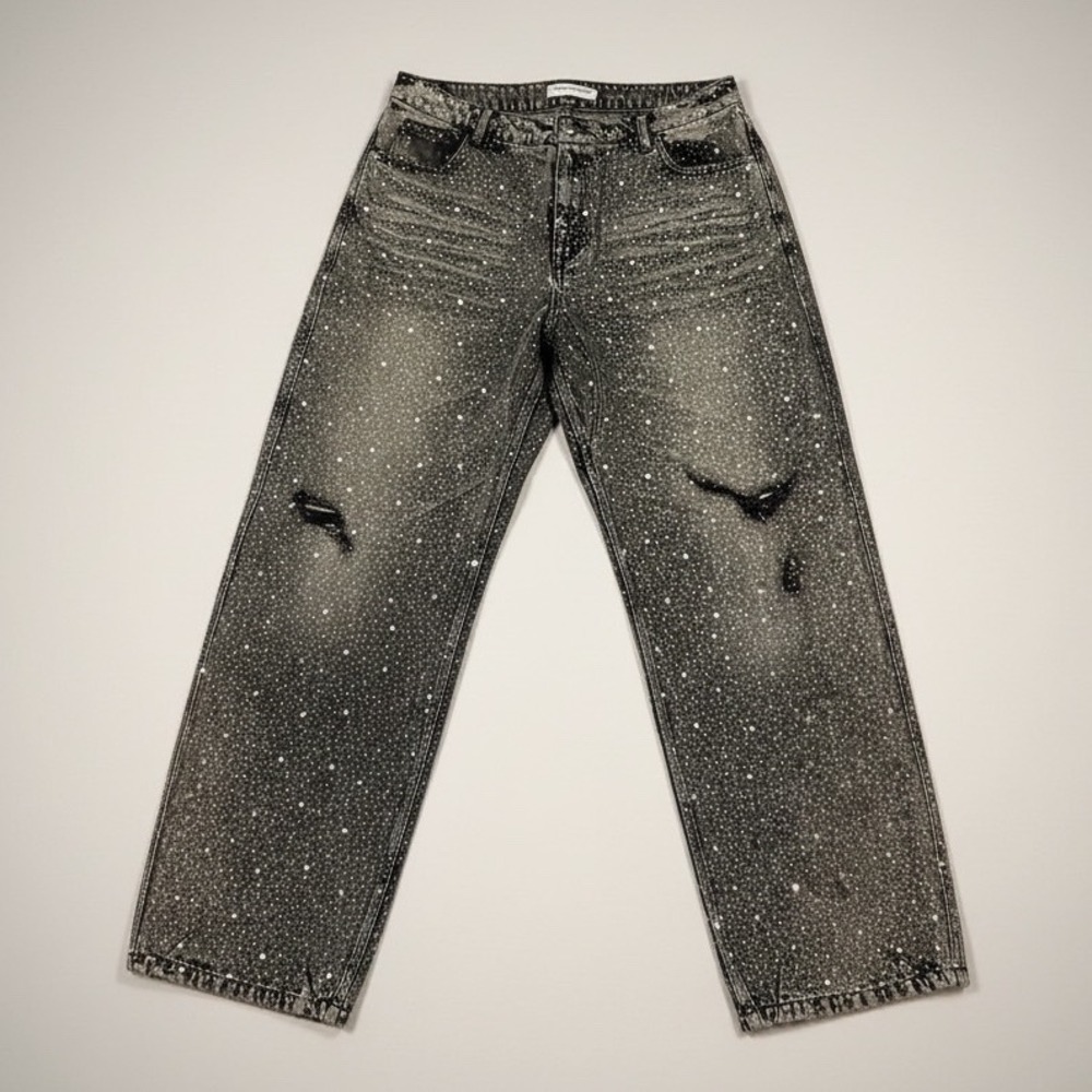 Vale Forever Rhinestone Studded Distressed Black Denim Jeans 36 X 32 Mens
